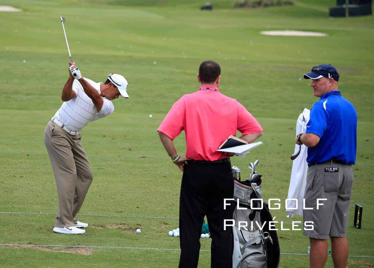 Een groep mensen kijkt toe hoe een golfer een golfbal slaat.